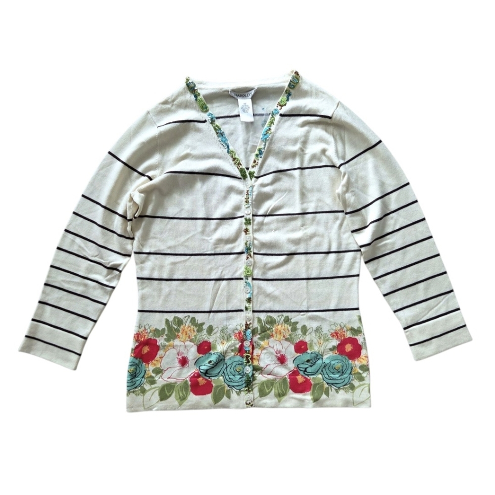 Harold’s Silk Beaded Floral Stripe Cardigan Sweater Women's XS Cottagecore‎ NEW